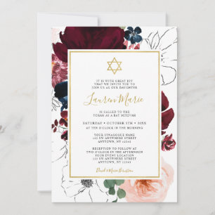 Burgundy Navy Blue Blommigt Bat mitzvah Inbjudningar