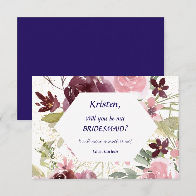 Burgundy Navy Blue Blommigt be my Bridesmaid Inbjudningar (Fram/baksida)