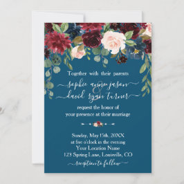 Burgundy Navy Blue Blommigt Calligraphy Bröllop Inbjudningar