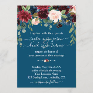 Burgundy Navy Blue Blommigt Calligraphy Bröllop Inbjudningar