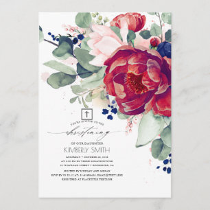 Burgundy Navy Blue Blommigt Christening Inbjudningar