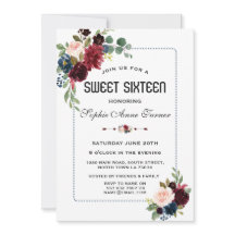 Burgundy Navy Blue Blommigt Doted Ram Sweet 16