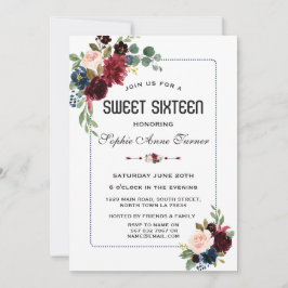 Burgundy Navy Blue Blommigt Doted Ram Sweet 16 Inbjudningar