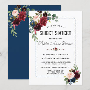 Burgundy Navy Blue Blommigt Doted Ram Sweet 16 Inbjudningar