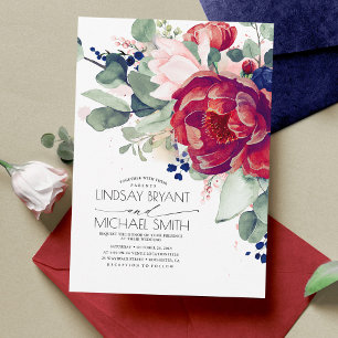 Burgundy Navy Blue Blommigt Elegant bröllop Inbjudningar