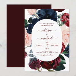 Burgundy Navy Blue Blommigt Eucalyptus Bröllop Inbjudningar