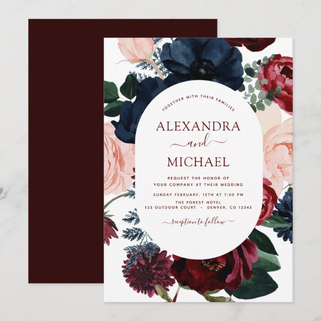 Burgundy Navy Blue Blommigt Eucalyptus Bröllop Inbjudningar (Fram/baksida)