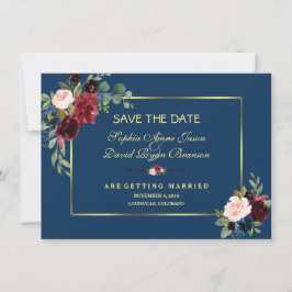 Burgundy Navy Blue Blommigt Golden Save Date Spara Datumet