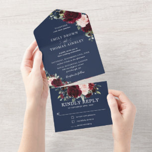 Burgundy Navy Blue Blommigt Greenery Bröllop A