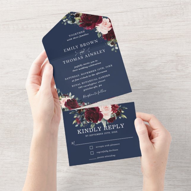Burgundy  Navy Blue Blommigt Greenery Bröllop A (Avrivbar del)