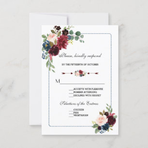 Burgundy Navy Blue Blommigt Ram Bröllop OSA Kort