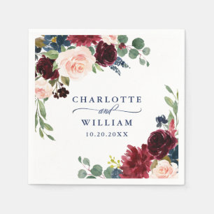 Burgundy Navy Blue  Blommigt Rustic Bröllop Pappersservett