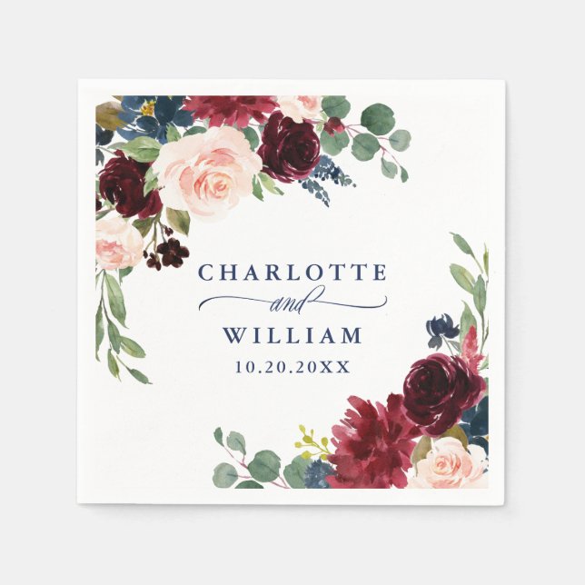 Burgundy Navy Blue  Blommigt Rustic Bröllop Pappersservett (Framsidan)