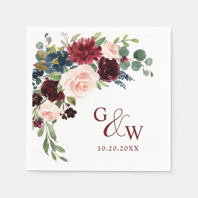 Burgundy Navy Blue  Blommigt Rustic Bröllop Pappersservett (Framsidan)