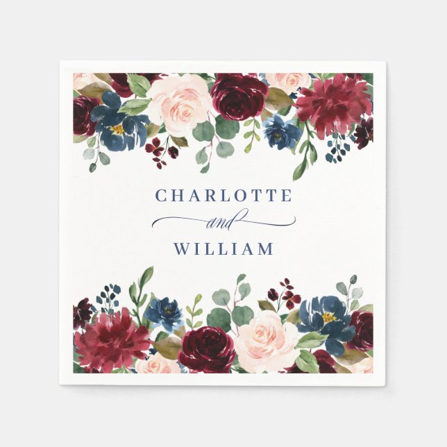 Burgundy Navy Blue  Blommigt Rustic Bröllop Pappersservett (Framsidan)