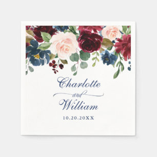 Burgundy Navy Blue  Blommigt Rustic Bröllop Pappersservett