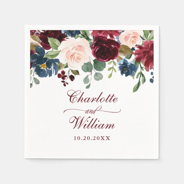 Burgundy Navy Blue  Blommigt Rustic Bröllop Pappersservett (Framsidan)