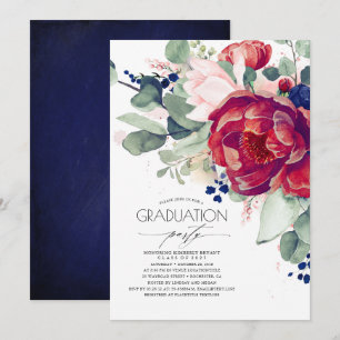 Burgundy Navy Blue Blommigt Studentfest Inbjudningar
