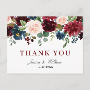 Burgundy Navy Blue Blommigt Tack Vykort