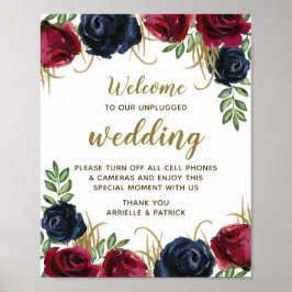 Burgundy Navy Blue Blommigt Unplugged Bröllop Sign Poster