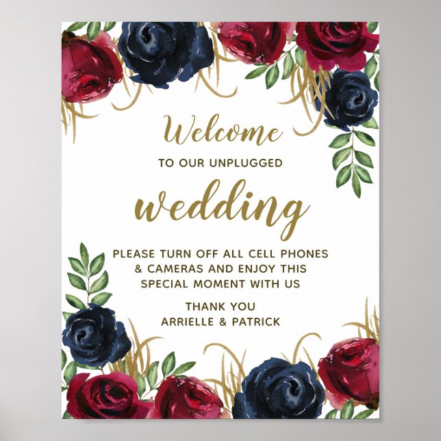 Burgundy Navy Blue Blommigt Unplugged Bröllop Sign Poster (Framsidan)