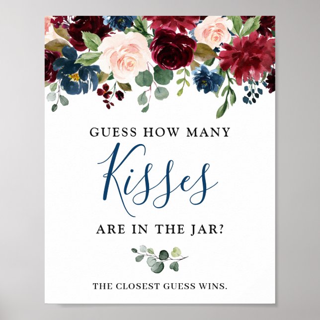 Burgundy Navy Blue  Blommigt Vattencolor Poster (Framsidan)