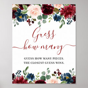 Burgundy Navy Blue Blommigt Vattencolor Poster