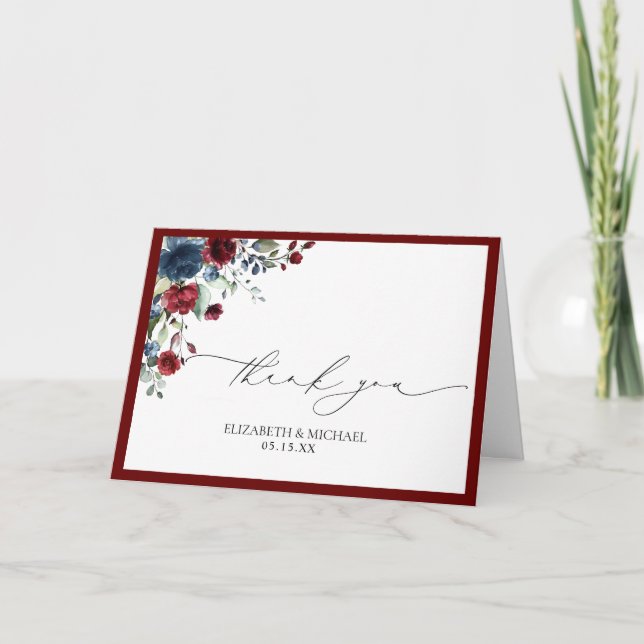 Burgundy Navy Blue Blommigt Watercolor Photo Bröll Kort (Framsida)