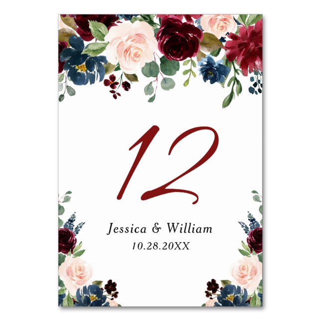 Burgundy Navy Blue  Blommigt Watercolor Rustic Bordsnummer (Framsidan)