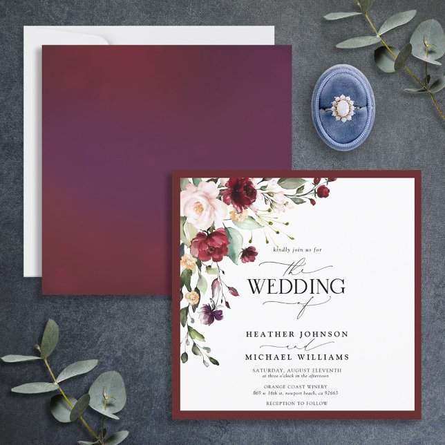 Burgundy Navy Blue Blommigt Watercolor Script Inbjudningar (Skapare uppladdad)