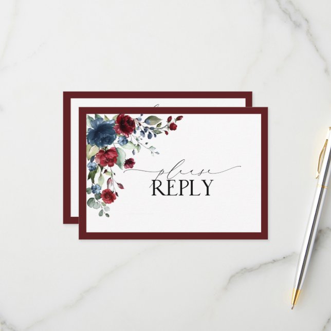Burgundy Navy Blue Blommigt Watercolor Script OSA (Fram/Back In Situ)
