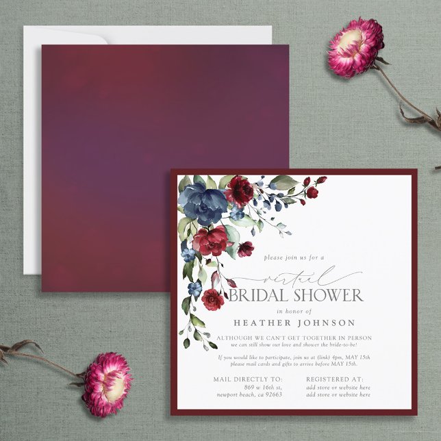 Burgundy Navy Blue Blommigt Watercolor Virtuell Inbjudningar (Skapare uppladdad)