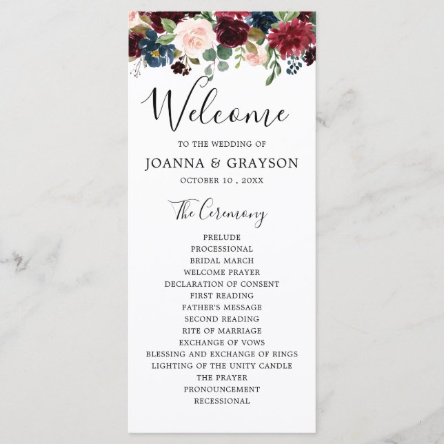 Burgundy  Navy Blue Botanical Blommigt Boho Program (Framsida)