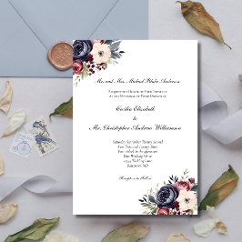 Burgundy Navy Blue Cream Blommigt Forme Bröllop Inbjudningar