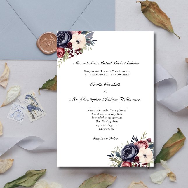 Burgundy Navy Blue Cream Blommigt Forme Bröllop Inbjudningar (Burgundy Navy Blue Cream Watercolor Floral Formal Traditional Classic Wedding Invitation)
