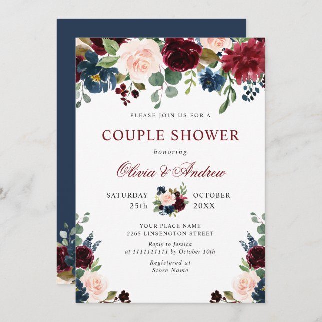 Burgundy Navy Blue  Flowers COUPLE SHOWER Inbjudningar (Fram/baksida)