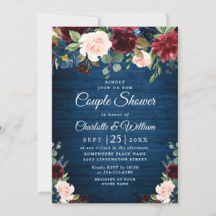 Burgundy Navy Blue Flowers COUPLE SHOWER Inbjudningar