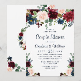 Burgundy Navy Blue Flowers COUPLE SHOWER Inbjudningar