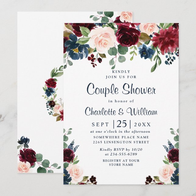 Burgundy Navy Blue  Flowers COUPLE SHOWER Inbjudningar (Fram/baksida)