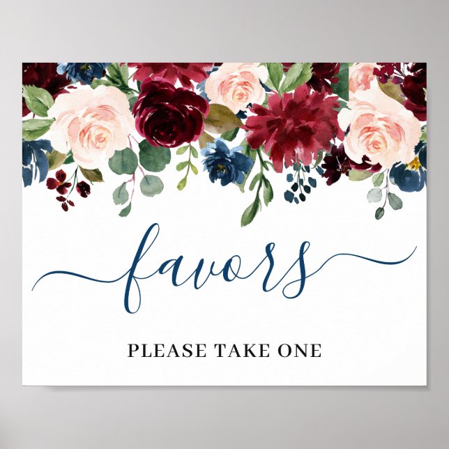 Burgundy Navy Blue  Flowers gynnar Bröllop Poster (Framsidan)
