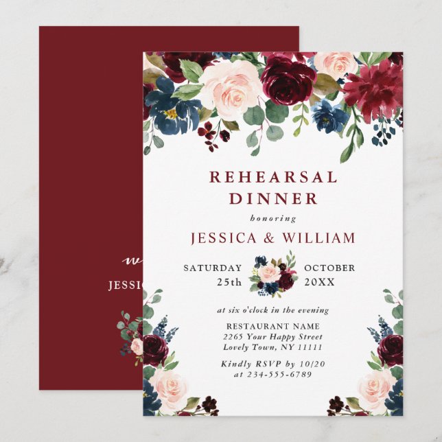 Burgundy Navy Blue  Flowers REHEARSAL DINNER Inbjudningar (Fram/baksida)