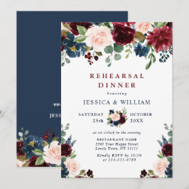 Burgundy Navy Blue  Flowers REHEARSAL DINNER Inbjudningar