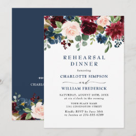 Burgundy Navy Blue  Flowers REHEARSAL DINNER Inbjudningar