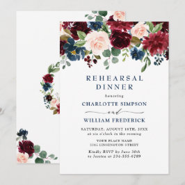 Burgundy Navy Blue Flowers REHEARSAL DINNER Inbjudningar