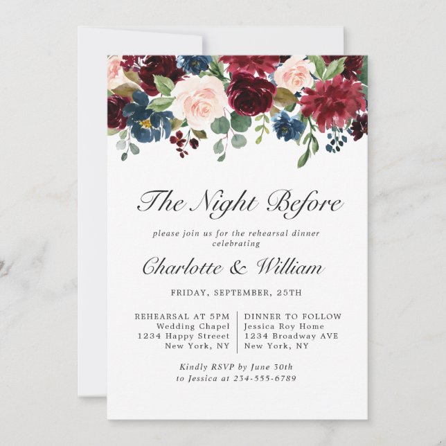 Burgundy Navy Blue  Flowers REHEARSAL DINNER Inbjudningar (Framsida)