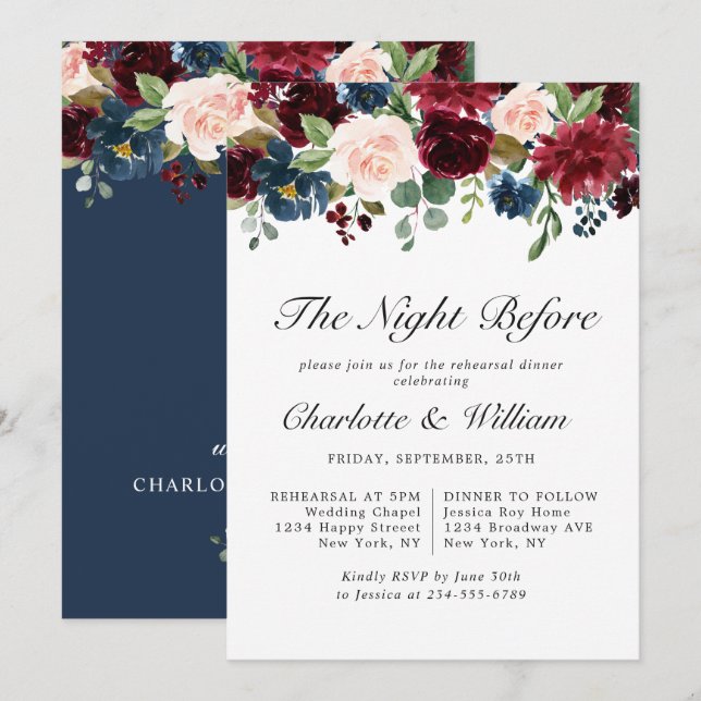 Burgundy Navy Blue  Flowers REHEARSAL DINNER Inbjudningar (Fram/baksida)