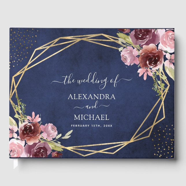 Burgundy Navy Blue Geometric Blommigt Bröllop Gästböcker (Framsida)