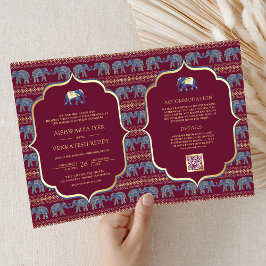 Burgundy Navy Blue Guld Elephant Indian Bröllop Inbjudan