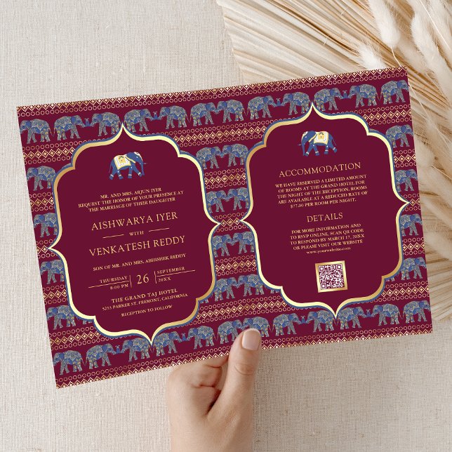Burgundy Navy Blue Guld Elephant Indian Bröllop Inbjudan (Skapare uppladdad)