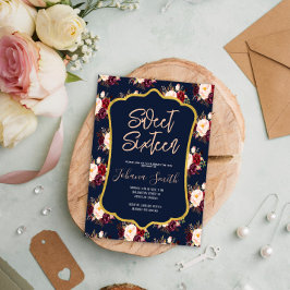 Burgundy Navy Blue Peony Blommigt 16:e födelsedage Inbjudningar